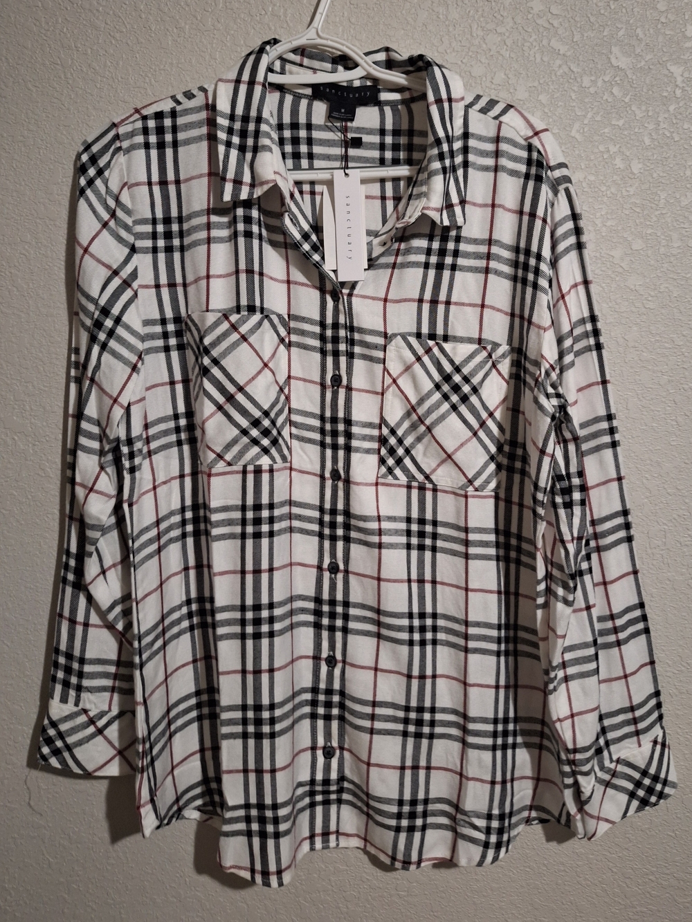 Simple Sanctuary White Plaid Button-Down Shirt with Black and Red Stripes